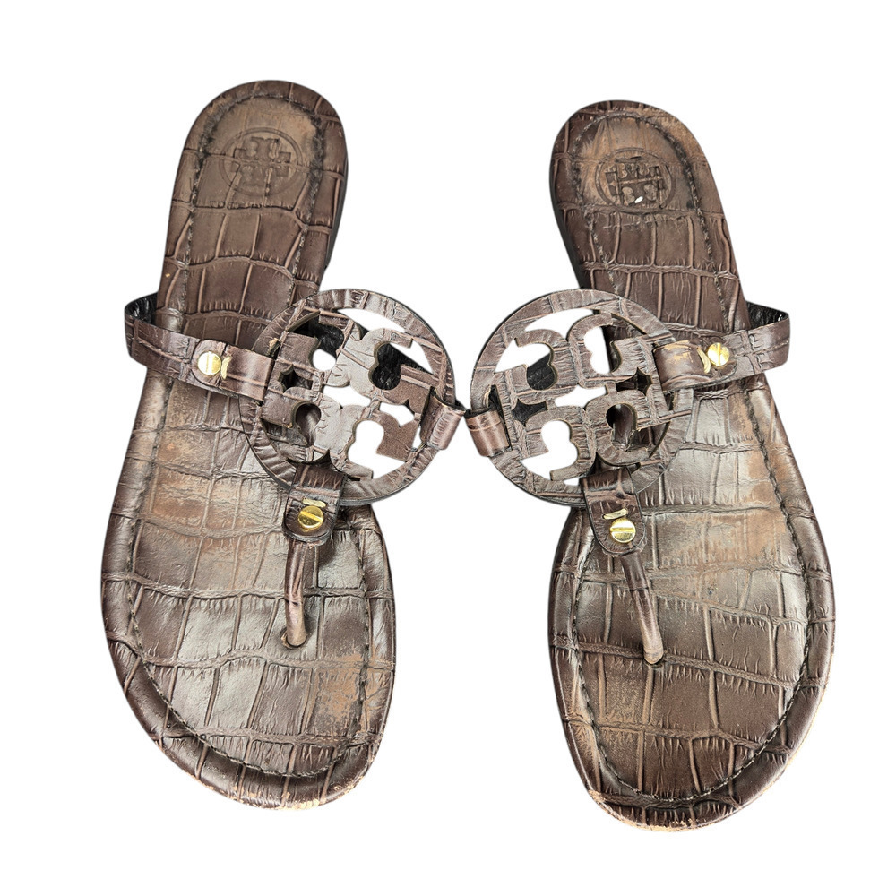 Tory Burch Miller Crocodile Embossed Brown Leather‎ Sandals Size: 9.5